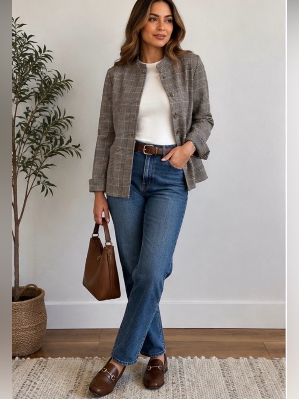 Pendleton Vintage Taupe Gray Tan Glen Plaid Zip Roll Cuff Blazer Jacket Size 16